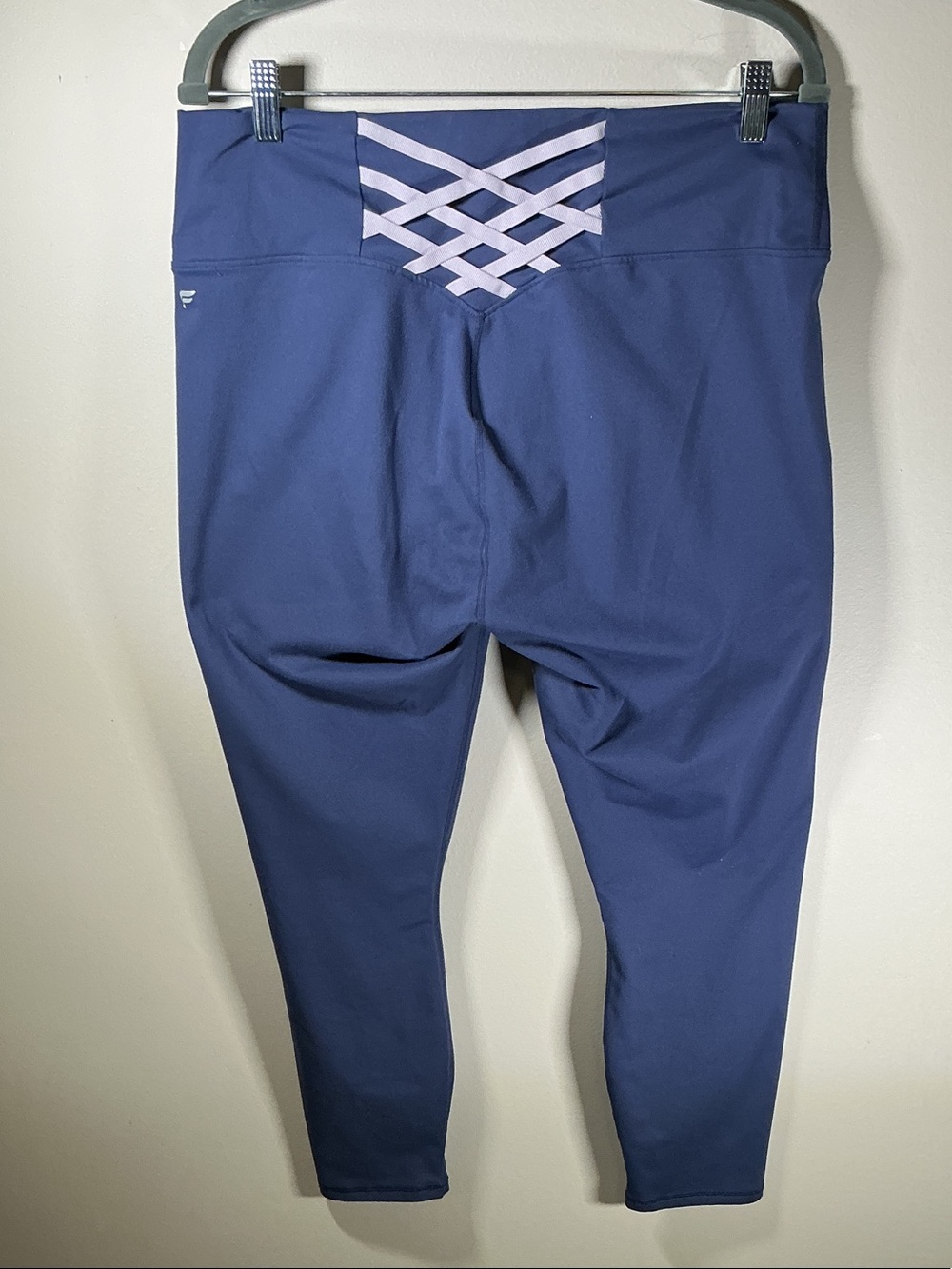 Fabletics PowerHold Blue High Rise Capri Leggings Criss Cross Waist L/XL